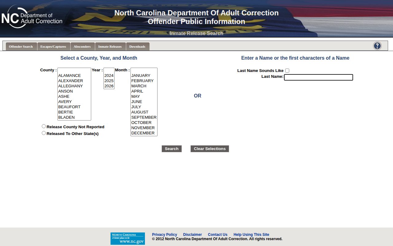 NCDAC monthly Inmate Release Search for state-prison records