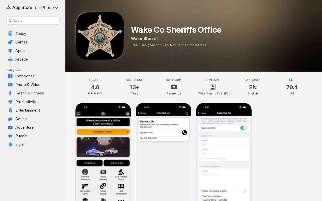Official Wake County Sheriff's Office iOS app listing