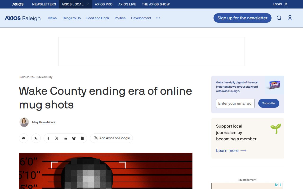 News report on Wake County's announced change to online arrest and booking-photo publication