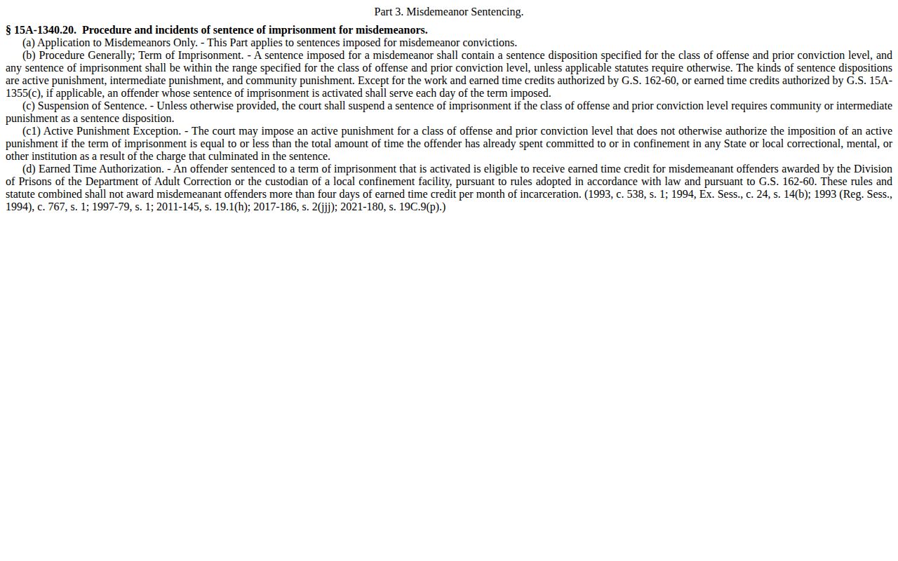 Wake County jail projected release date misdemeanor earned-time law