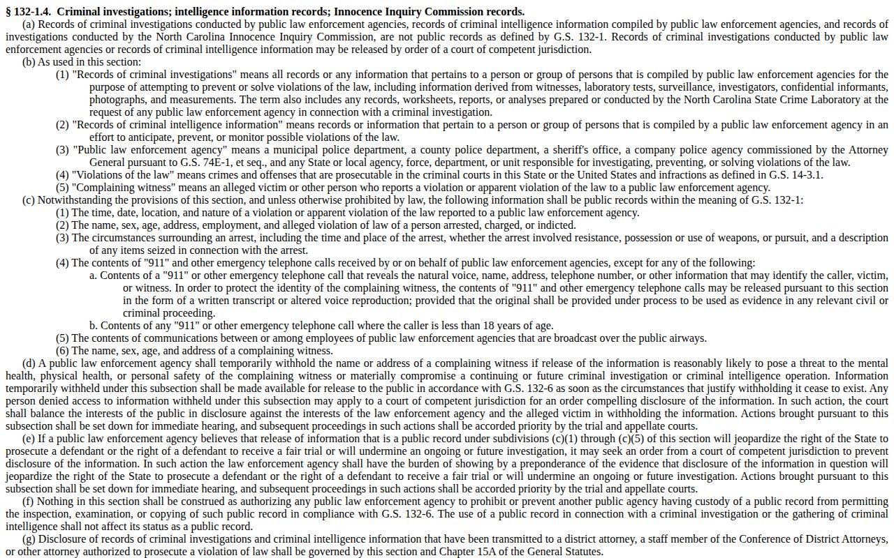 North Carolina General Statute 132-1.4 governing criminal investigation and arrest information